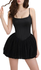Friso Black Sparkle Tulle Strappy Corset Mini Dress