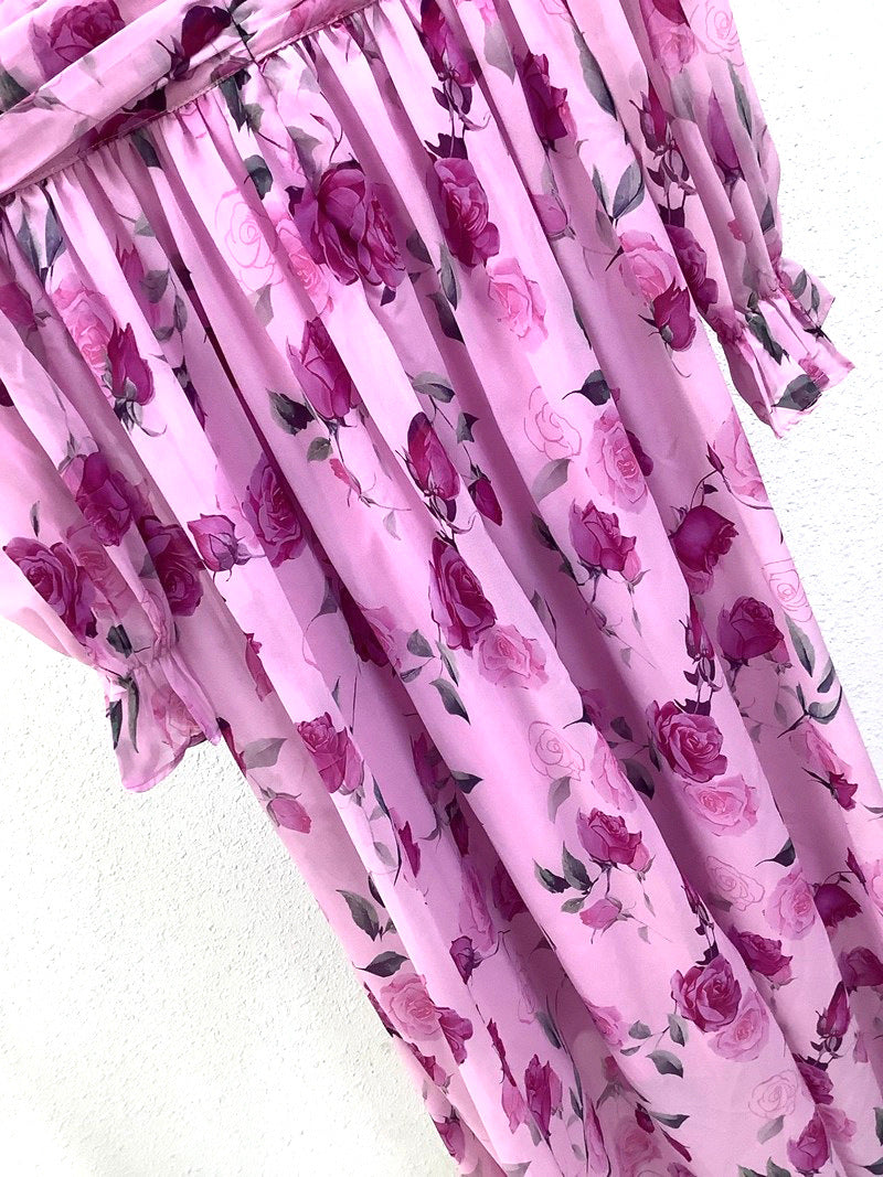 Romantic Pink Rose Floral Long Sleeve Maxi Dress