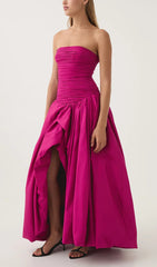 Radiant Hot Pink Strapless Ruched Puff Maxi Gown