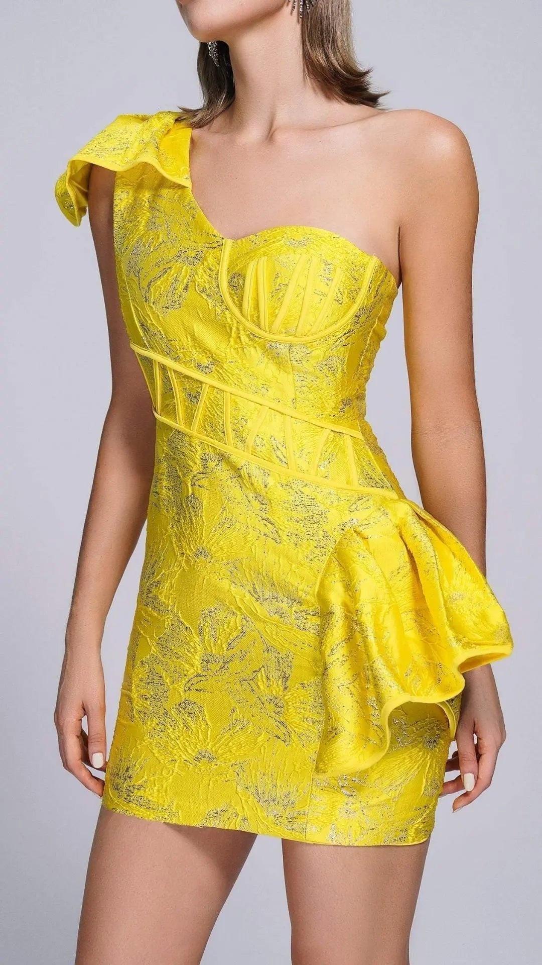 Radiant Yellow Jacquard One-Shoulder Mini Dress