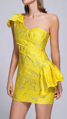 Radiant Yellow Jacquard One-Shoulder Mini Dress