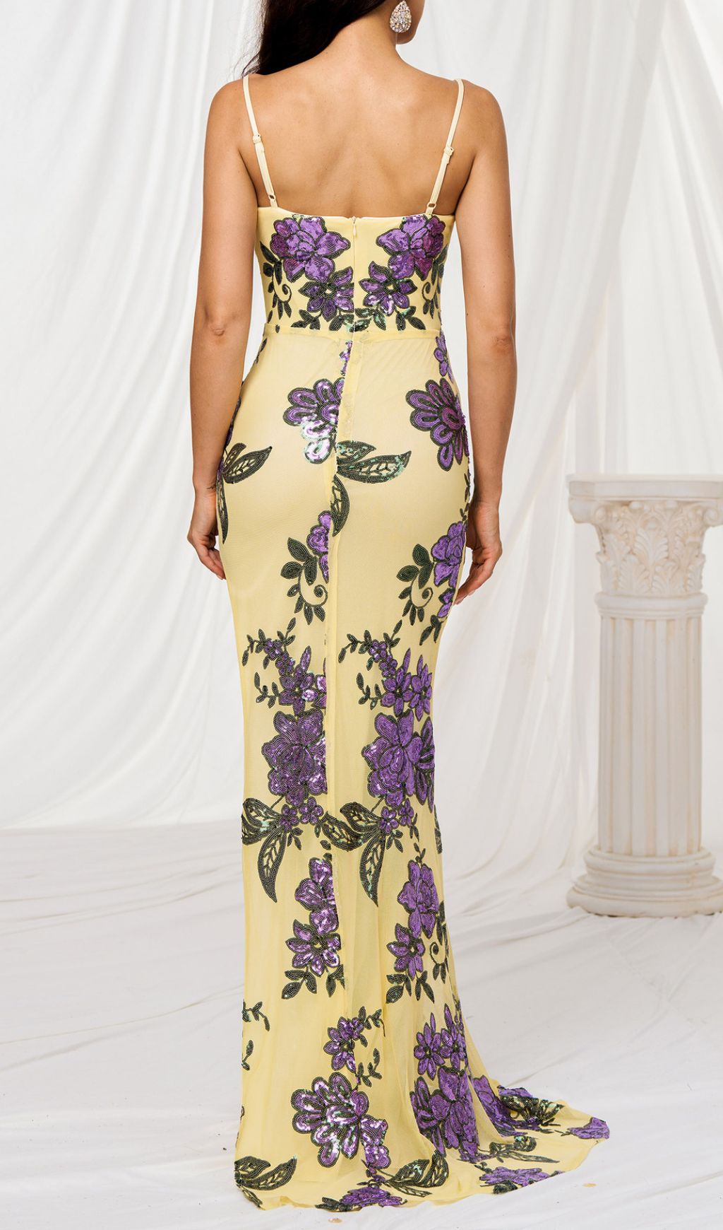 Finnea Glamorous Yellow Sequin Floral Maxi Dress with High Slit