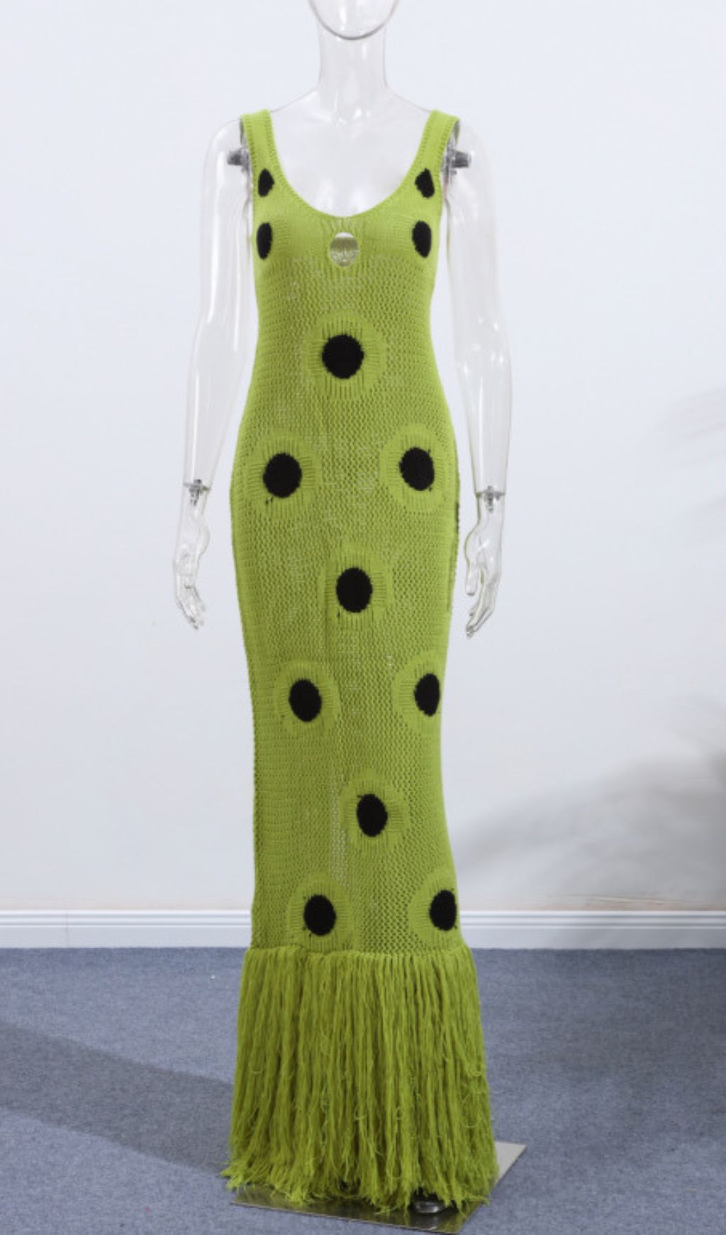 Gaelion Vibrant Green Polka Dot Fringe Knitted Midi Dress