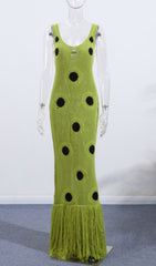 Gaelion Vibrant Green Polka Dot Fringe Knitted Midi Dress