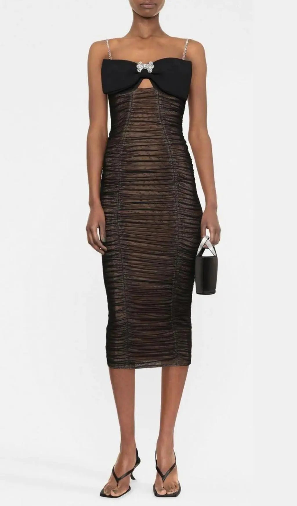 Sultry Black Bow Mesh Strappy Midi Dress