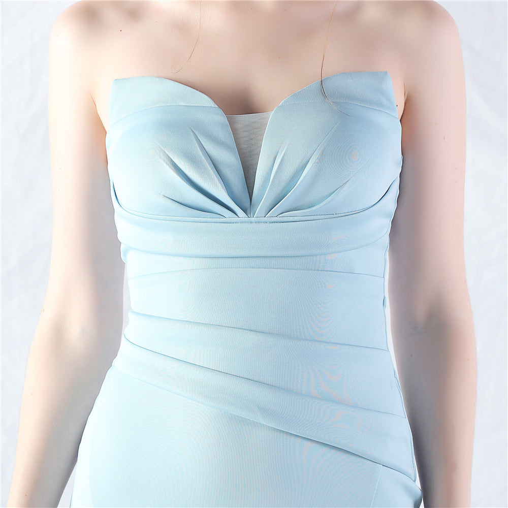 Chrina Elegant Blue Strapless Ruched Mermaid Maxi Gown