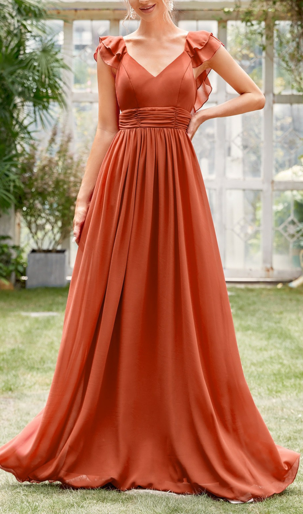 Gersemi Rust V-Neck Ruffle Maxi Dress