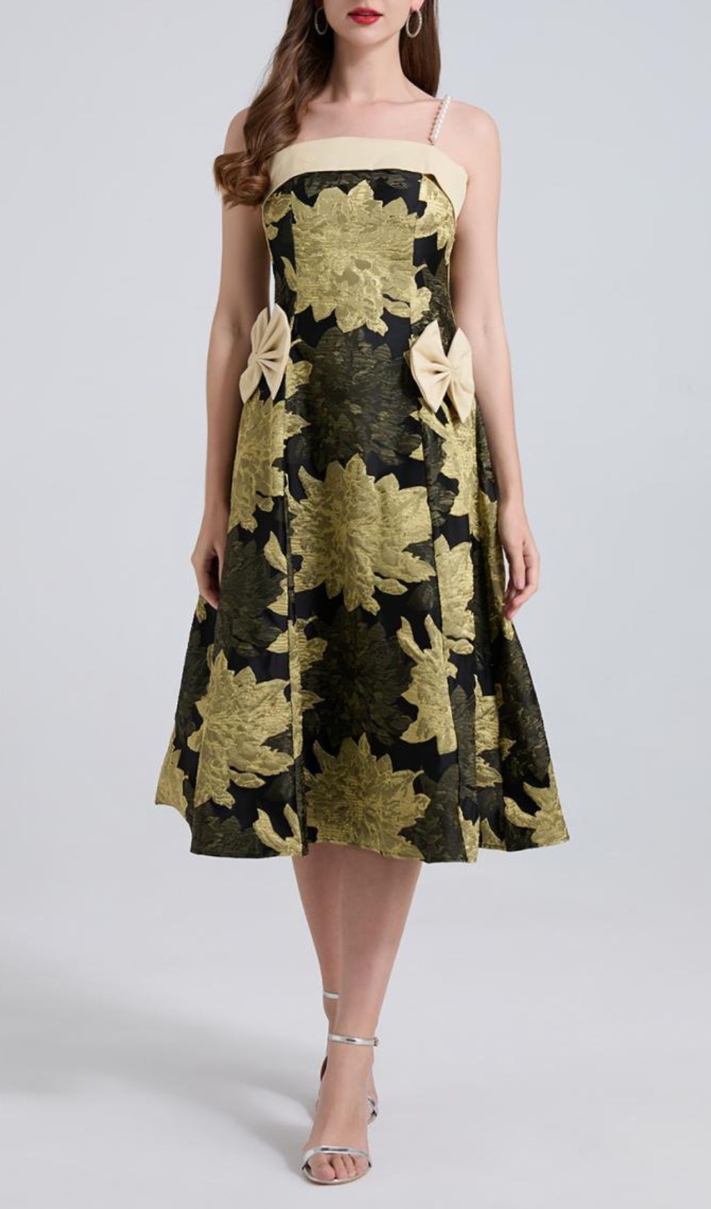Faylinn Elegant Golden Floral Brocade Midi Dress with Pearl & Bow Details