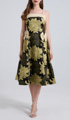 Faylinn Elegant Golden Floral Brocade Midi Dress with Pearl & Bow Details