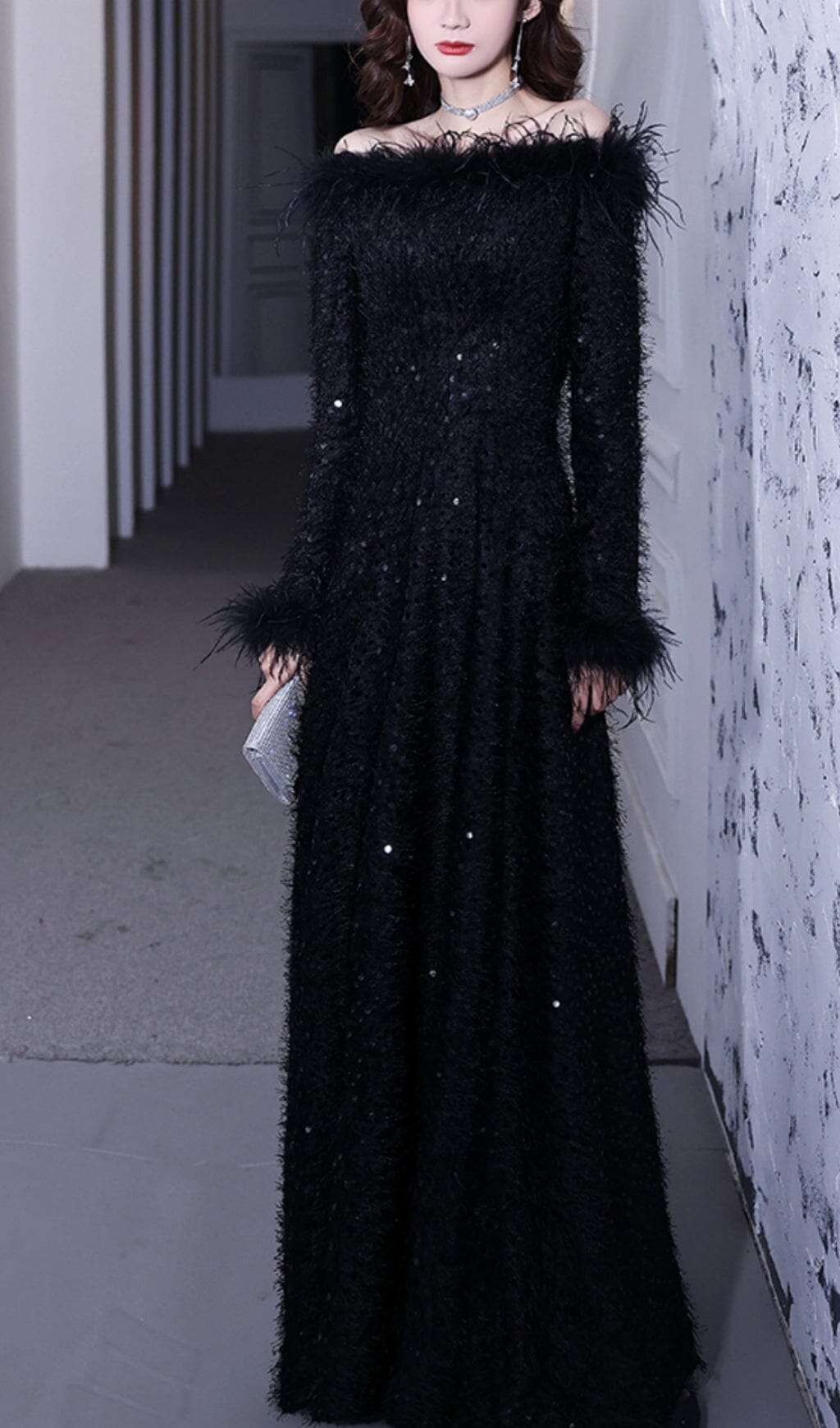 Showstopping Black Sequin Feather Off-Shoulder Long Gown