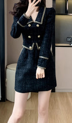 Campana Chic Black Tweed Mini Dress with Gold Chain & Button Accents
