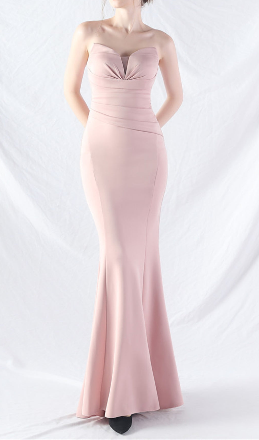 Chrina Blush Pink Strapless Ruched Mermaid Maxi Dress