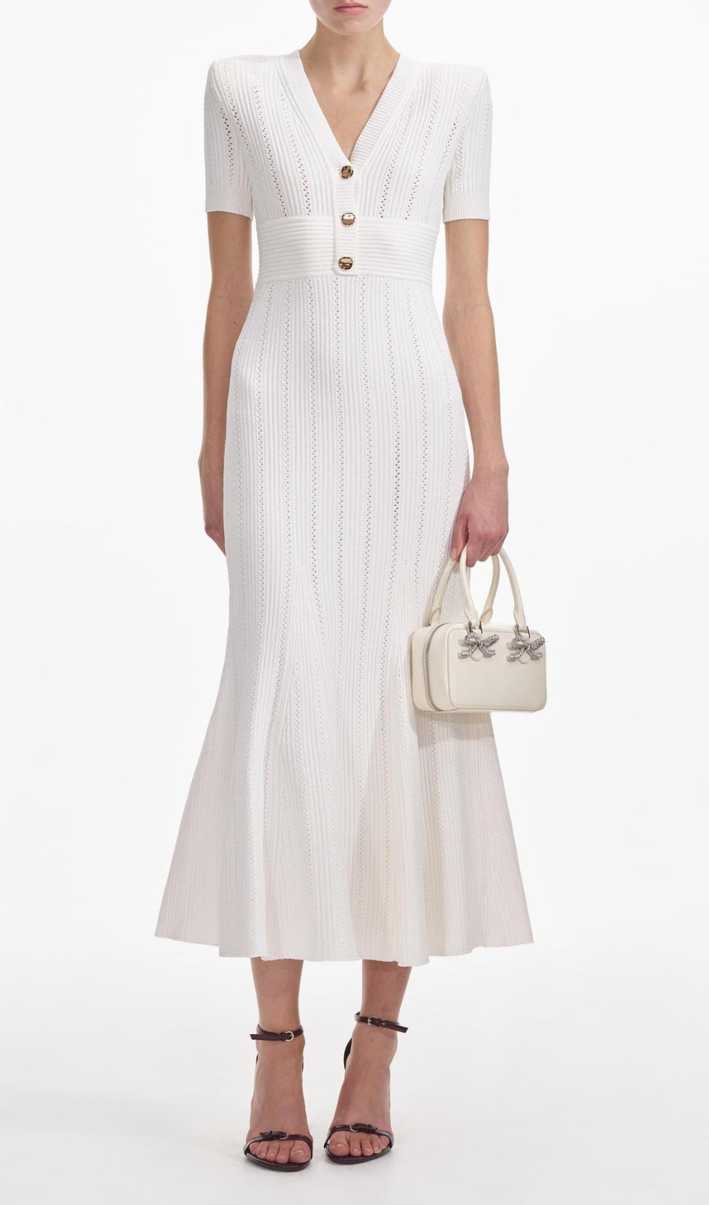 Elegant Button-Front Pointelle Knit Midi Dress
