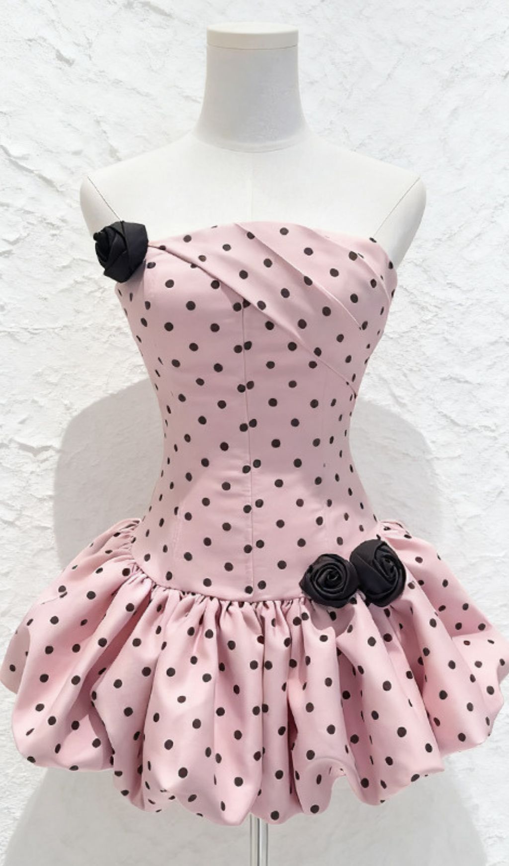 Hayfa Polka Dot Strapless Mini Dress with Floral Appliqus