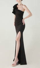 Ijlal Black One-Shoulder Ruffle Maxi Dress