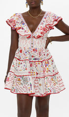 Gelsey Bohemian Script & Floral Print V-Neck Tiered Mini Dress
