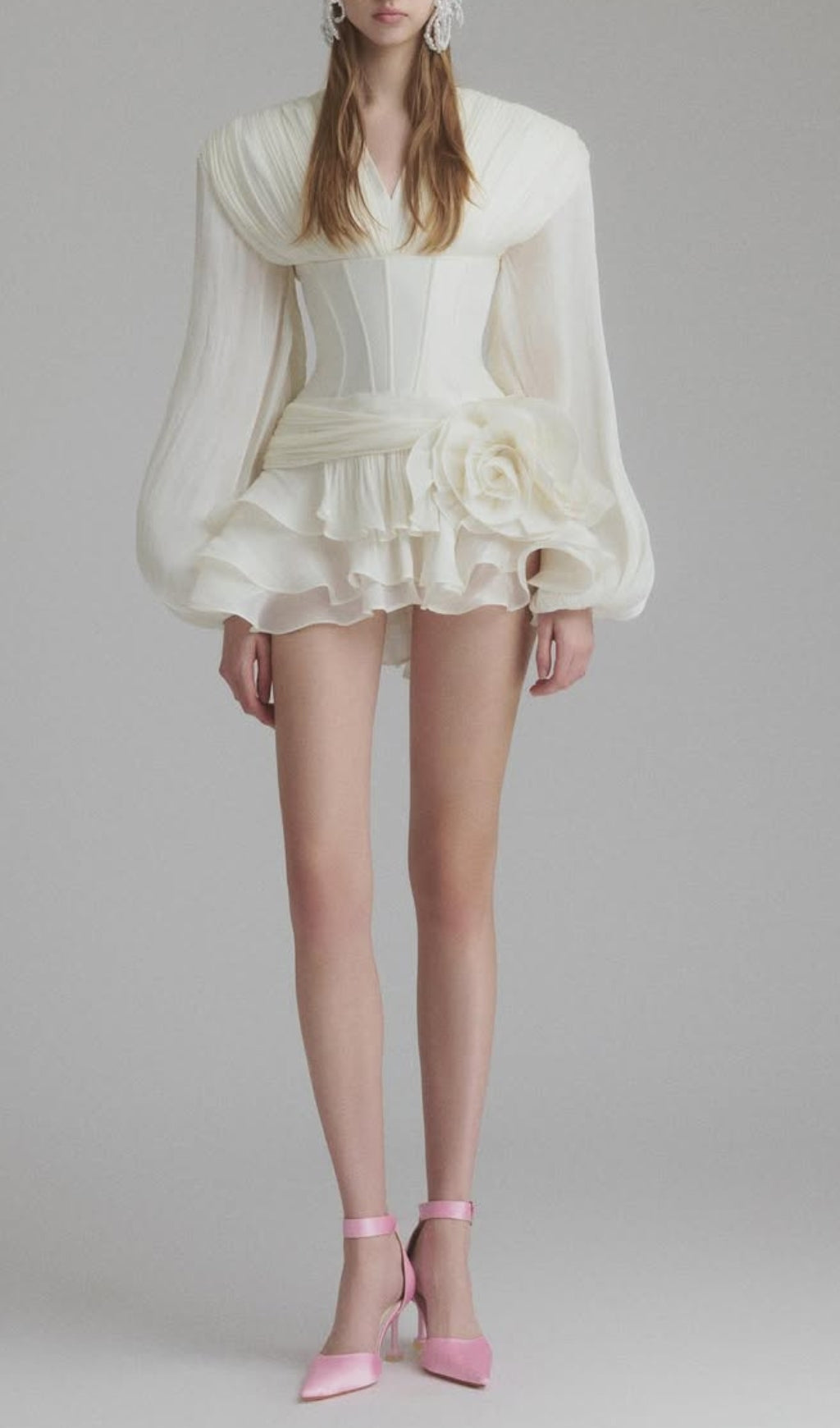 Darion White Glamorous Corset Mini Dress with 3D Floral & Voluminous Sleeves