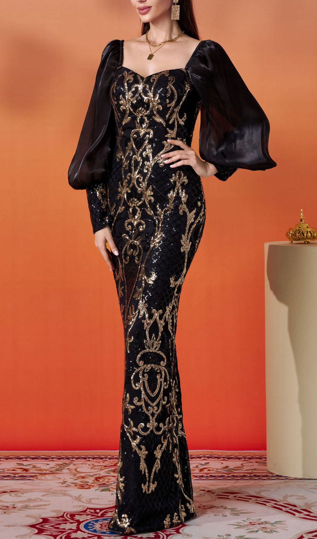 Floyce Black & Gold Sequin Long Sleeve Formal Maxi Dress