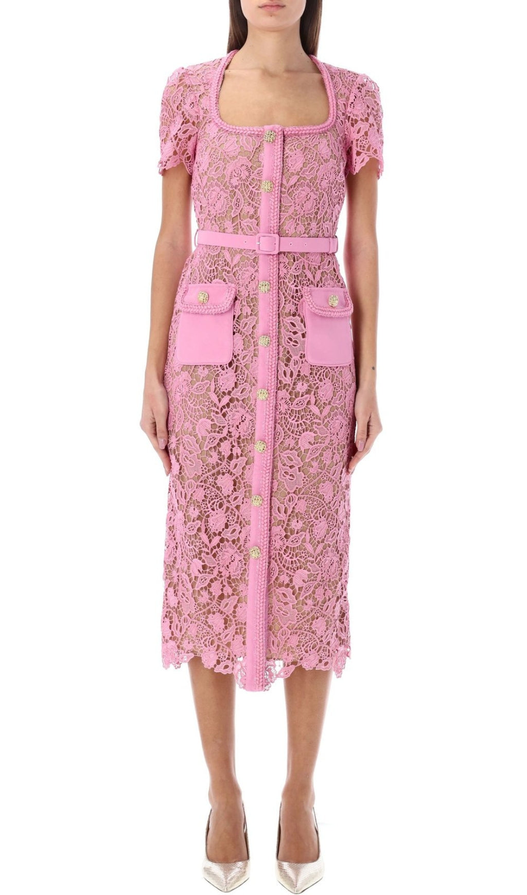 Anna Chic Pink Guipure Lace Midi Dress