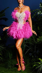 Jolleen Hot Pink Strapless Embellished Tulle Mini Set