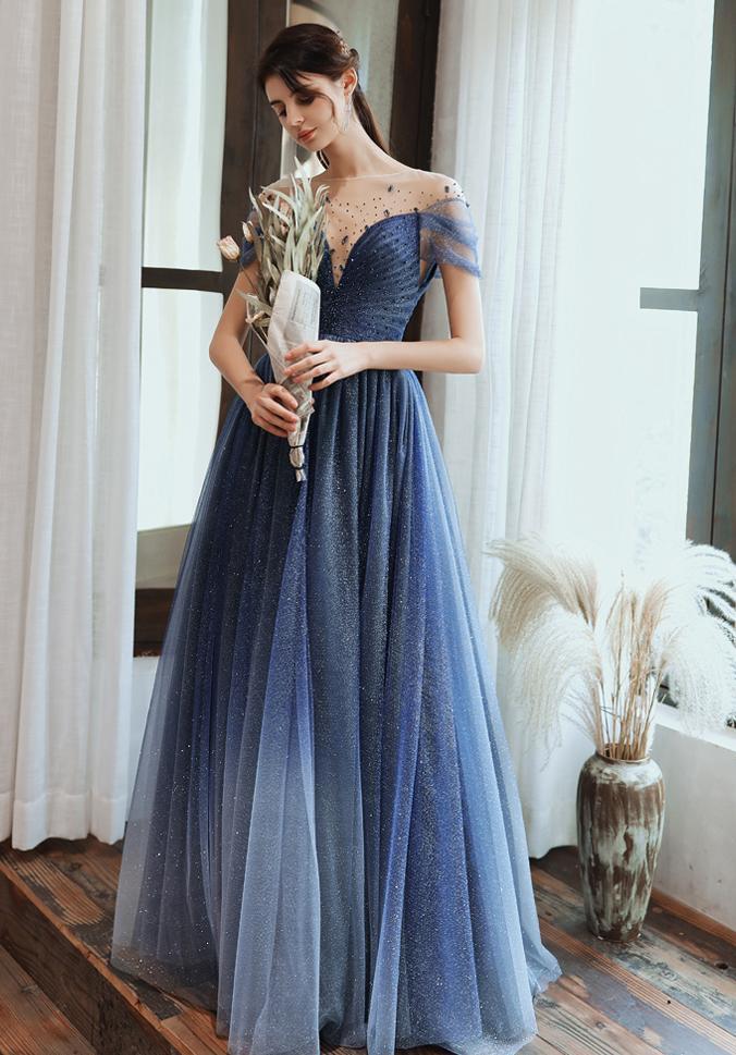 Unique Tulle Beaded Gradient A-line Sweetheart Long Prom Dress