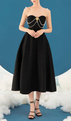 Ilyssa Black Pearl Draped Strapless Midi Dress