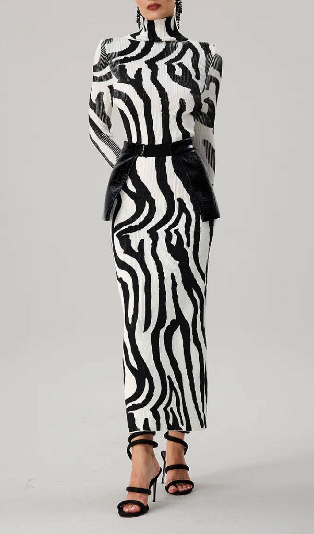 Farrux Zebra Print High-Neck Bodycon Maxi Dress