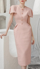 Amabel Pink Tweed Bodycon Midi Dress