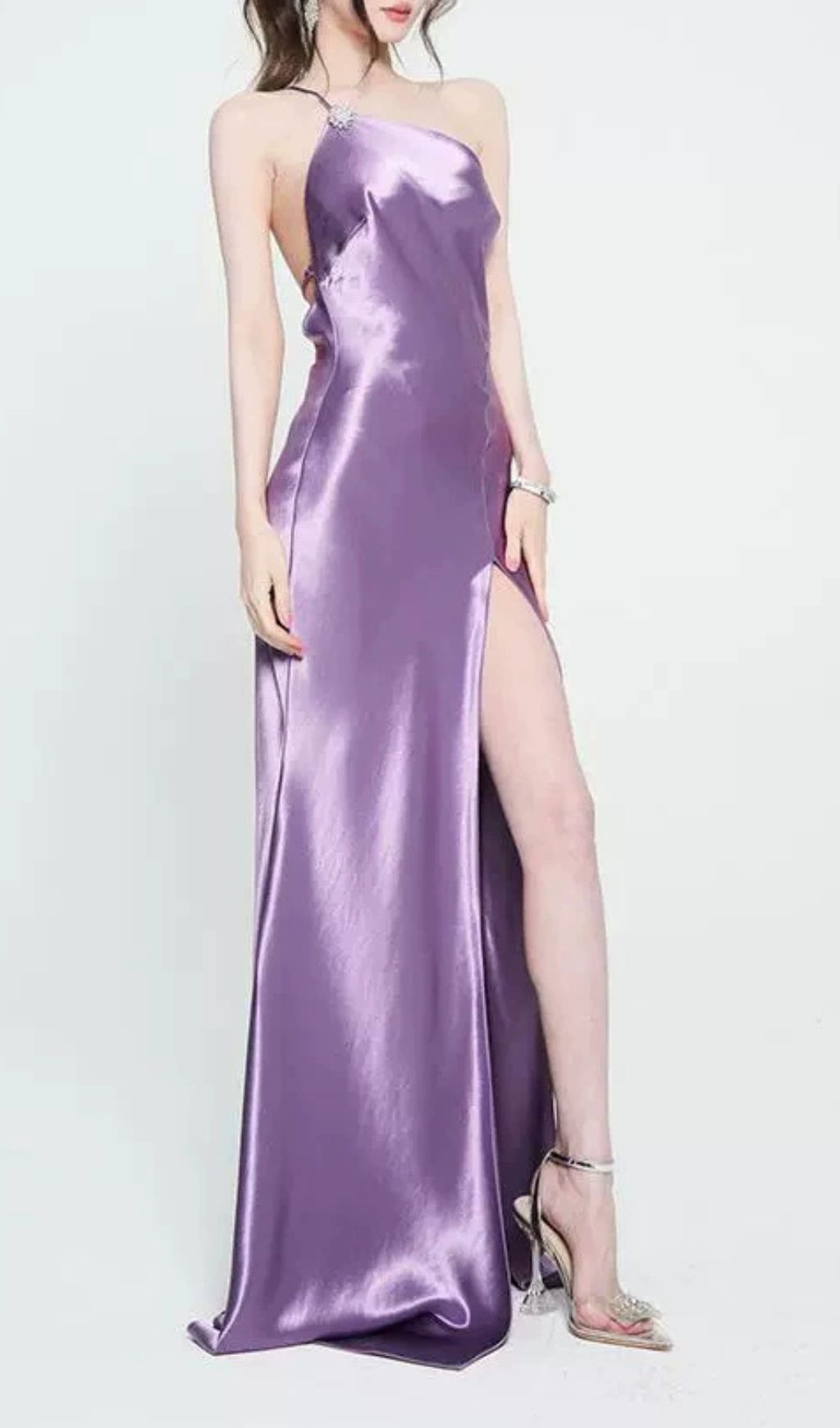 Faith Glamorous Purple Satin Halter Backless Maxi Gown with Thigh Slit