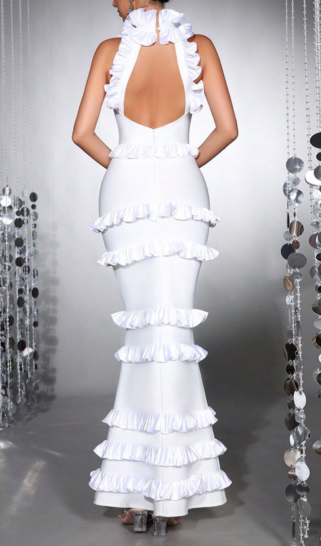 Haina White Halter Ruffle Bandage Maxi Dress