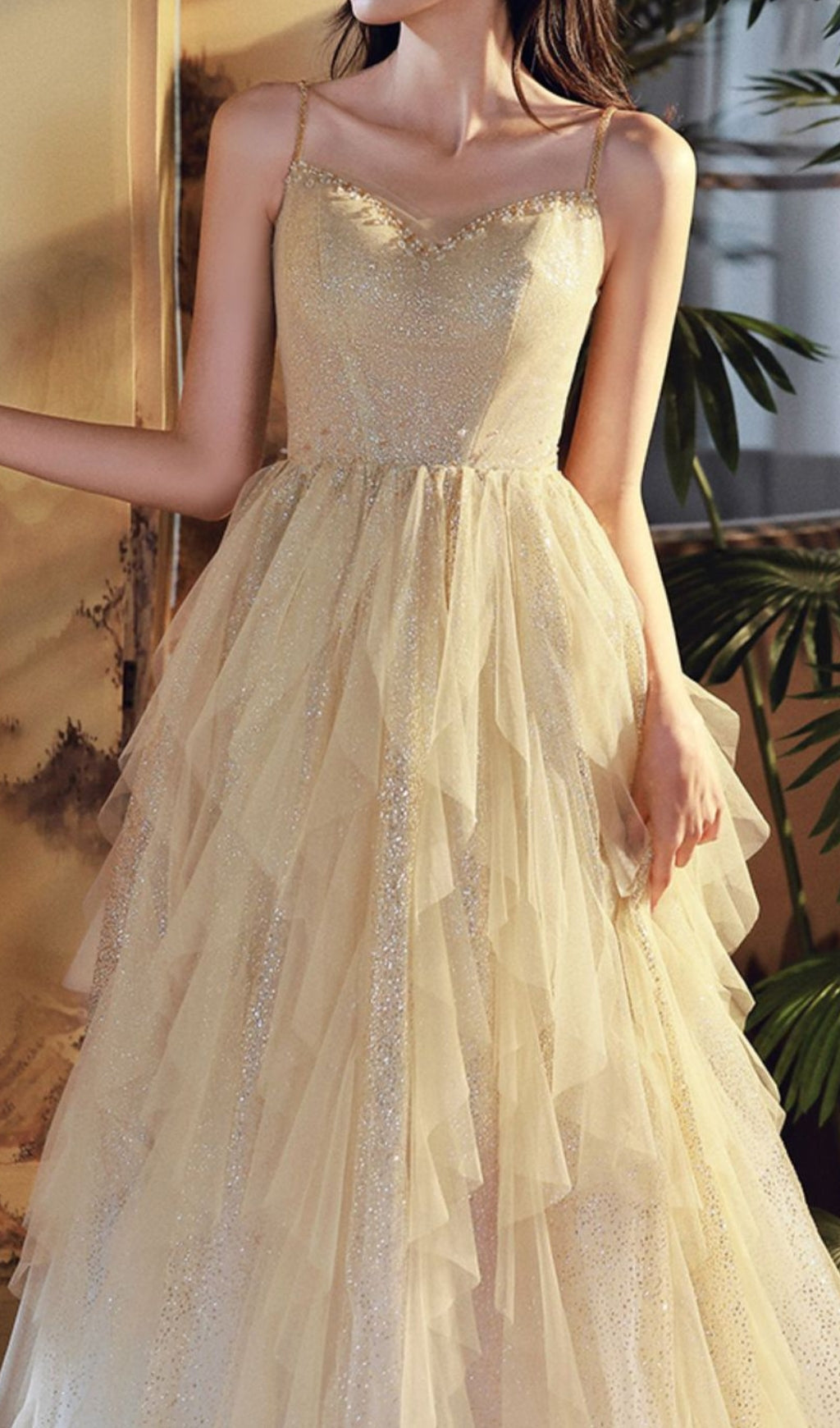 Chinara Sparkling Champagne Tiered Mesh Maxi Gown