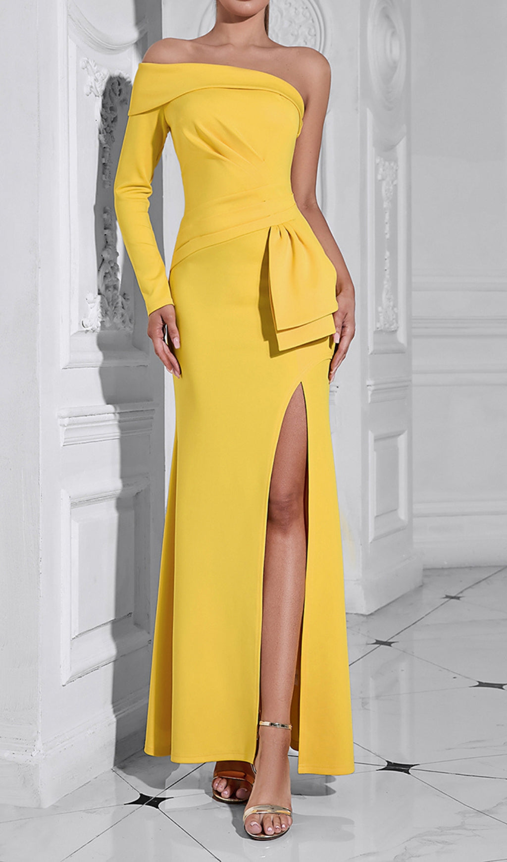 Camilla Radiant Yellow One-Shoulder Draped Maxi Dress with High Slit