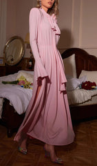 Aikoâ„?Elegant Pink Floral Maxi Dress with Bow Neck & Slit