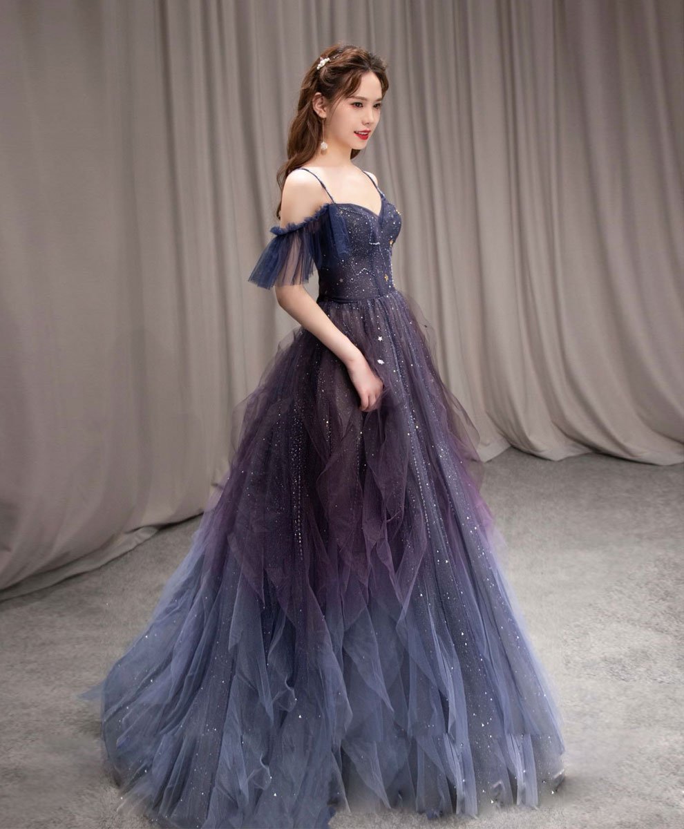 A Line Off the Shoulder Blue Purple Gradient Color Tulle Prom Dresses