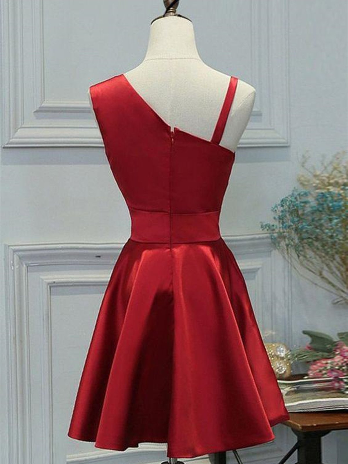 Red One Shoulder Satin Knee Length Homecoming Dress Party Dress