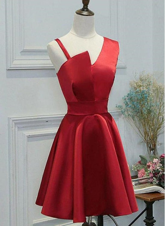 Red One Shoulder Satin Knee Length Homecoming Dress Party Dress