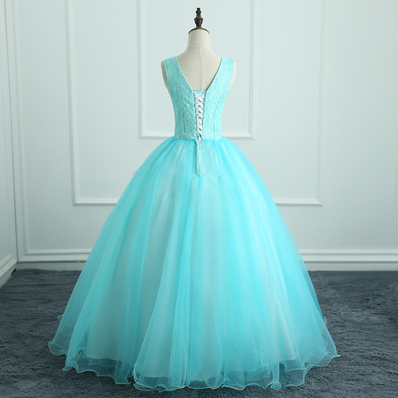 Adorable Light Blue Tulle with Flowers Floor Length Ball Gown Formal Dress