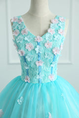 Adorable Light Blue Tulle with Flowers Floor Length Ball Gown Formal Dress