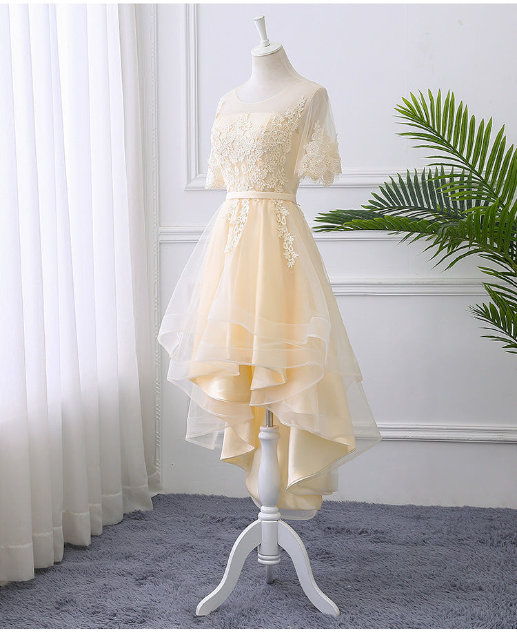 Adorable Light Champagne High Low Party Dress with Lace Applique