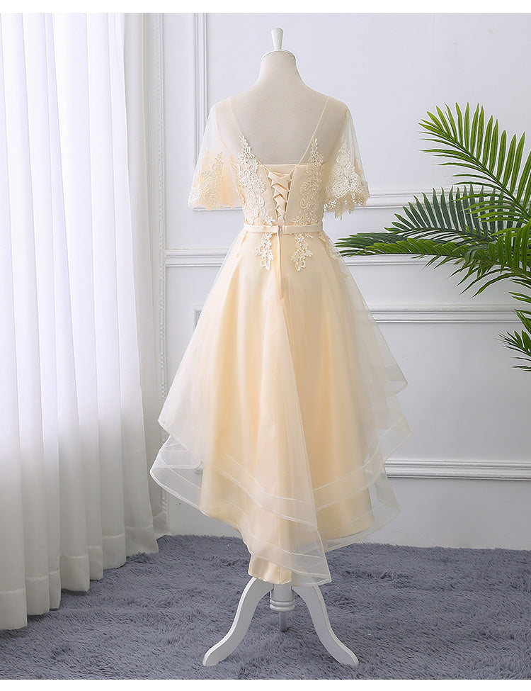 Adorable Light Champagne High Low Party Dress with Lace Applique