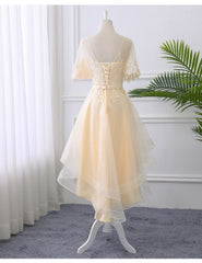 Adorable Light Champagne High Low Party Dress with Lace Applique