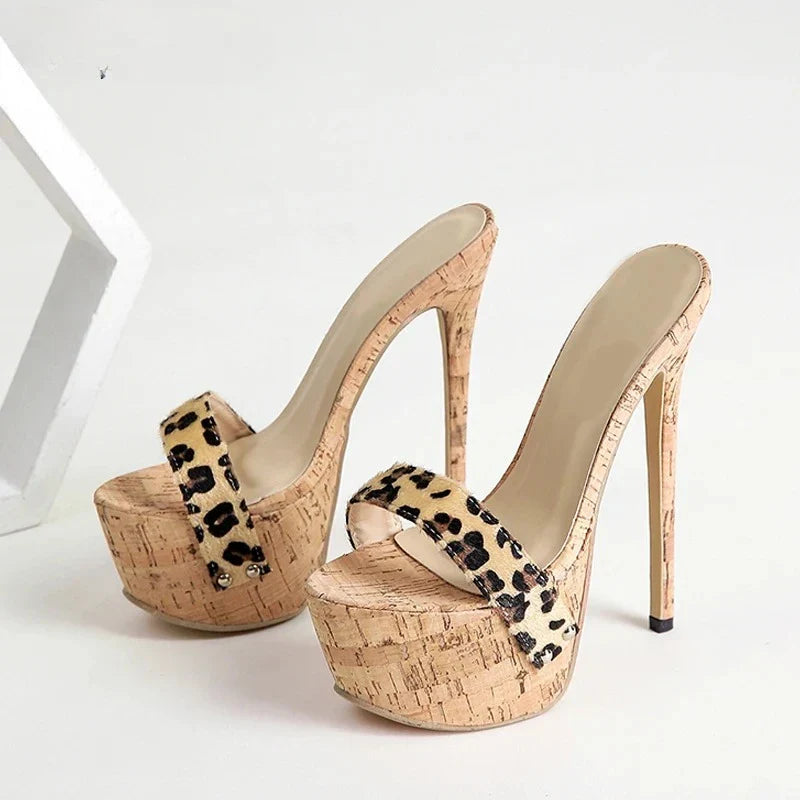 Aneikeh Leopard Slippers Peep Toe Slip On Platform Sandals Mules High Heels 17CM Shoes Size 35-42