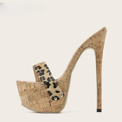 Aneikeh Leopard Slippers Peep Toe Slip On Platform Sandals Mules High Heels 17CM Shoes Size 35-42