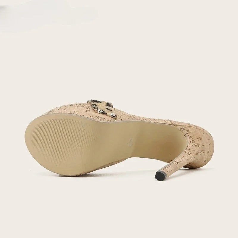 Aneikeh Leopard Slippers Peep Toe Slip On Platform Sandals Mules High Heels 17CM Shoes Size 35-42