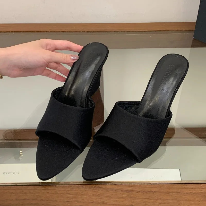Aneikeh Red Patent Leather Wedge Heel Mules Open Toe Pointed Slippers Elegant Sandals Party Office