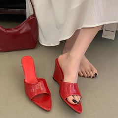 Aneikeh Red Patent Leather Wedge Heel Mules Open Toe Pointed Slippers Elegant Sandals Party Office