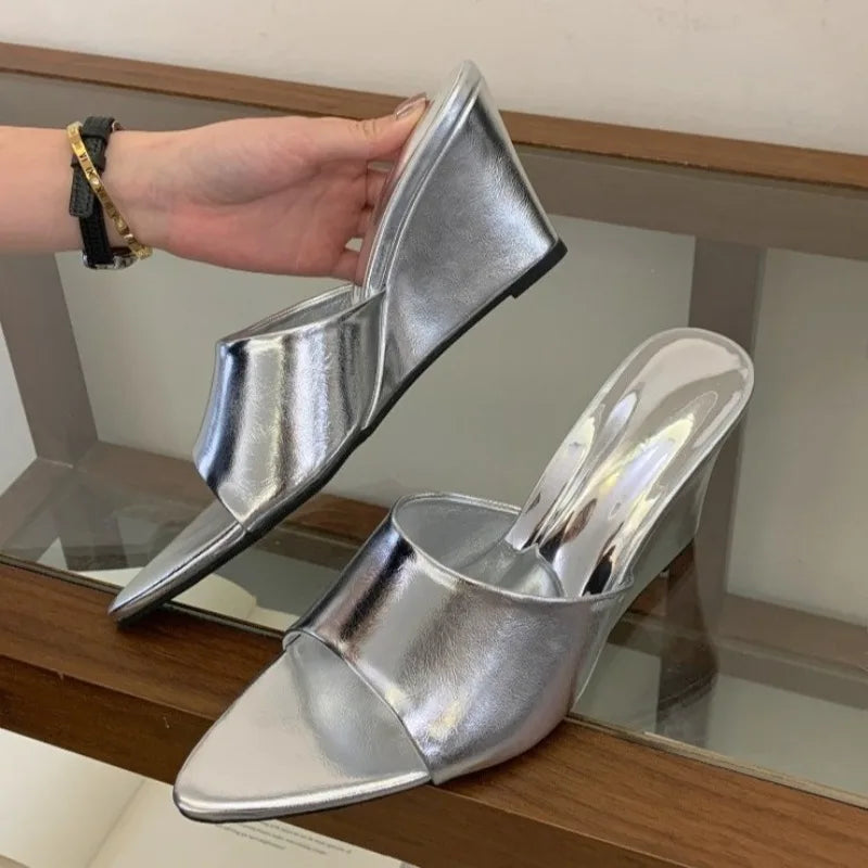 Aneikeh Red Patent Leather Wedge Heel Mules Open Toe Pointed Slippers Elegant Sandals Party Office