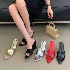 Aneikeh Red Patent Leather Wedge Heel Mules Open Toe Pointed Slippers Elegant Sandals Party Office