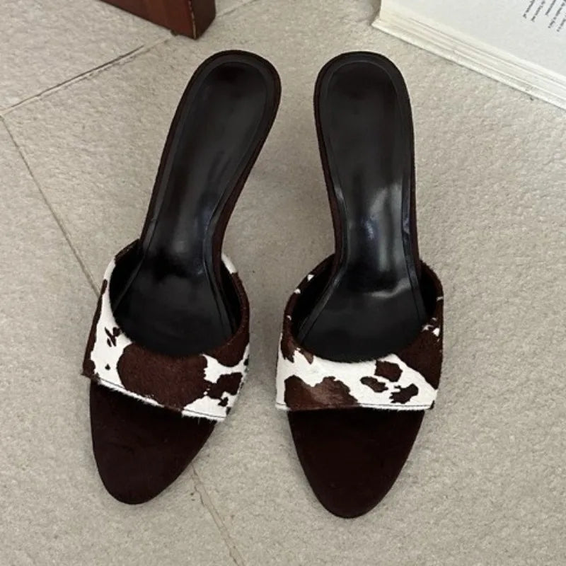 Aneikeh Horsehair Pointed Toe High Heel Slippers Female Leopard Print Mules Sandals Slide Shoes Zapatos De Mujer