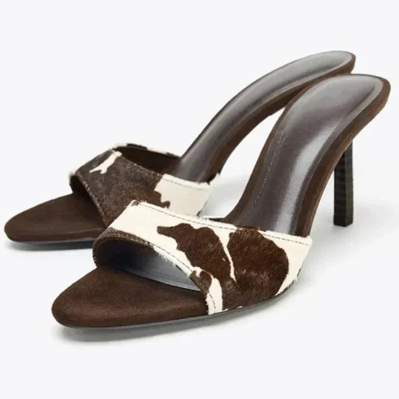 Aneikeh Horsehair Pointed Toe High Heel Slippers Female Leopard Print Mules Sandals Slide Shoes Zapatos De Mujer